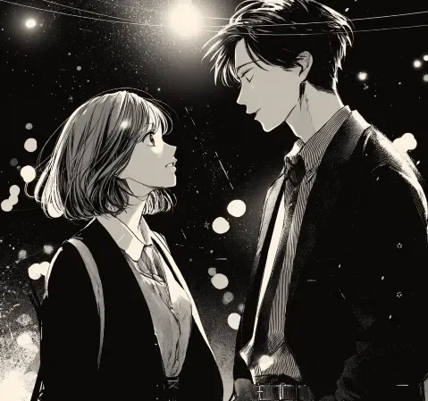 校园恋爱漫画封面，主角们在夏日祭典的烟花下仰望夜空